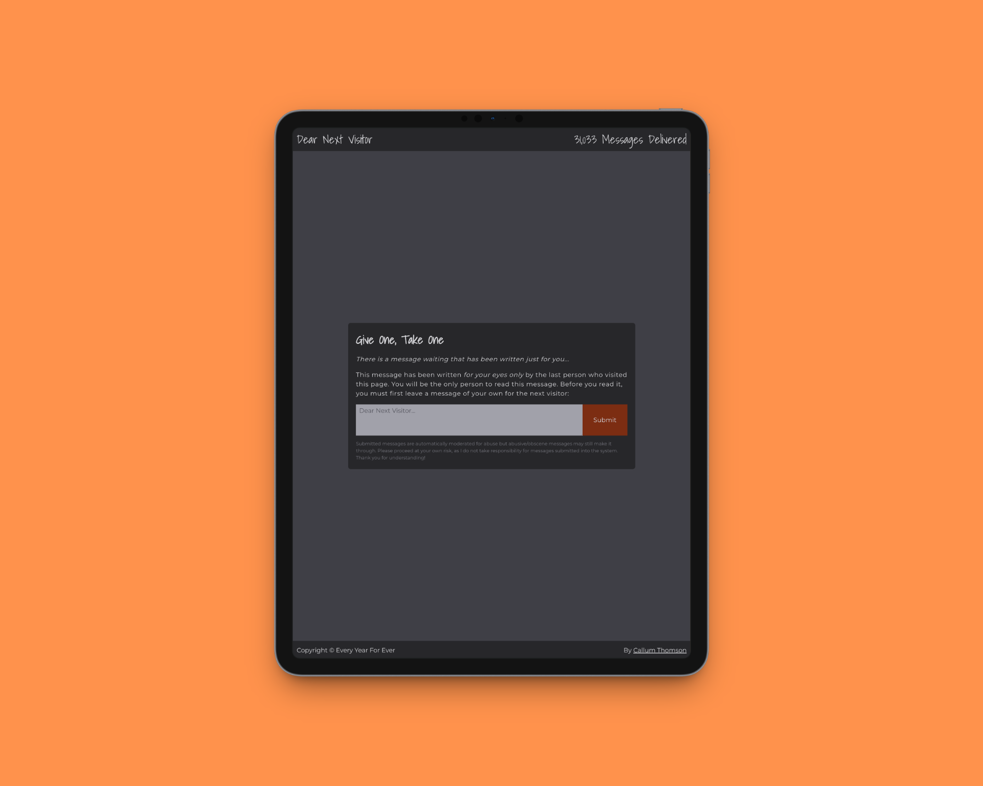 Dear Next Visitor anonymous message exchange displayed on a tablet