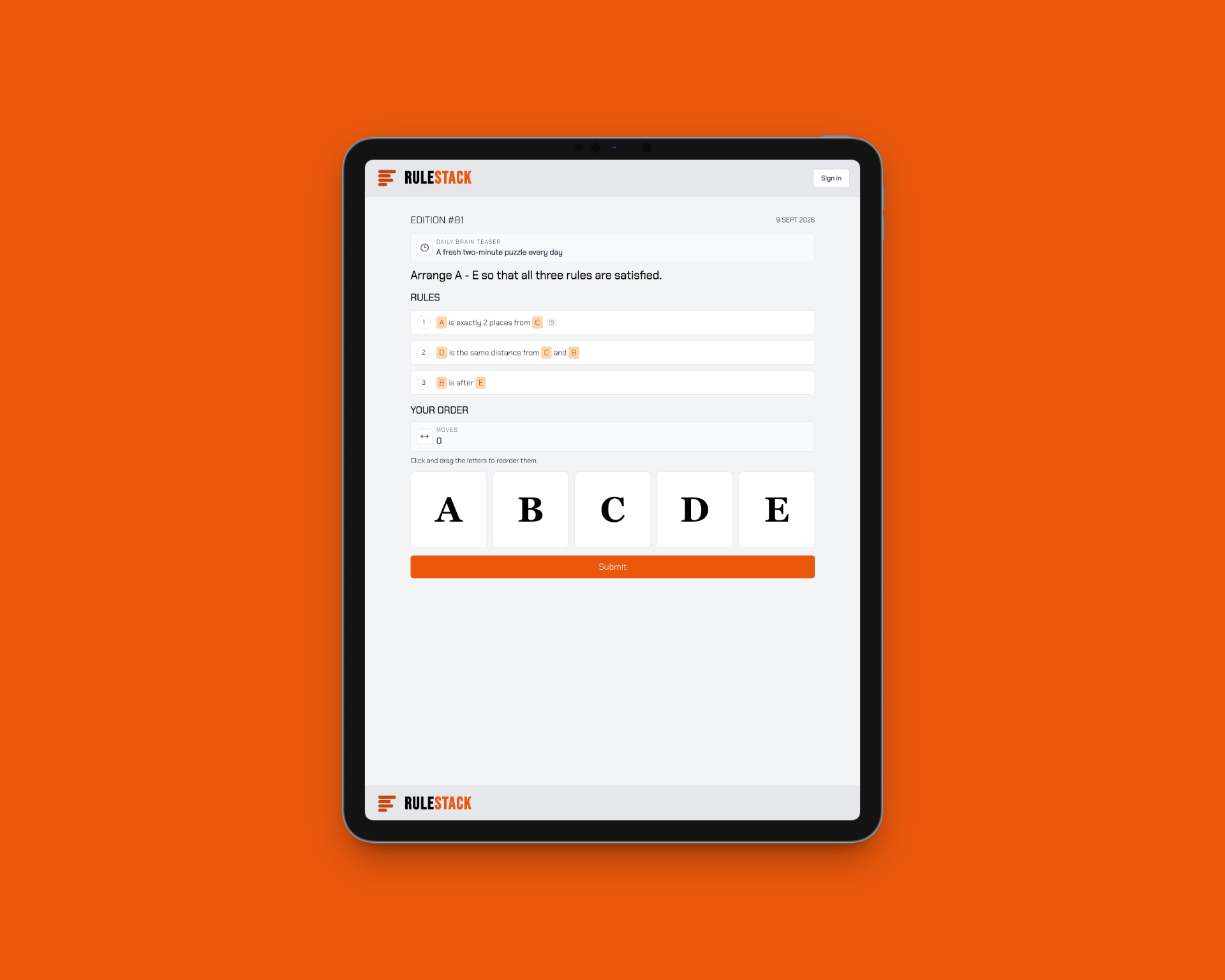 RuleStack daily logic puzzle displayed on a tablet